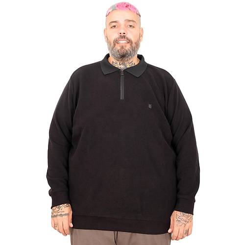 B�y�k Beden Erkek Sweat Polo Yaka Waffle Selanik Siyah 25822