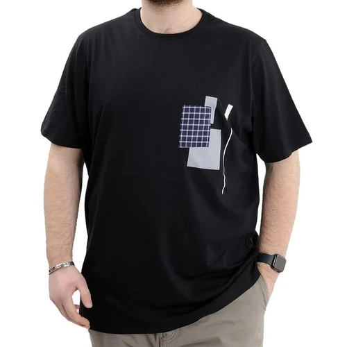 B�y�k Beden Erkek Bisiklet Yaka T-Shirt Bask�l� GARNILI U24045 Siyah