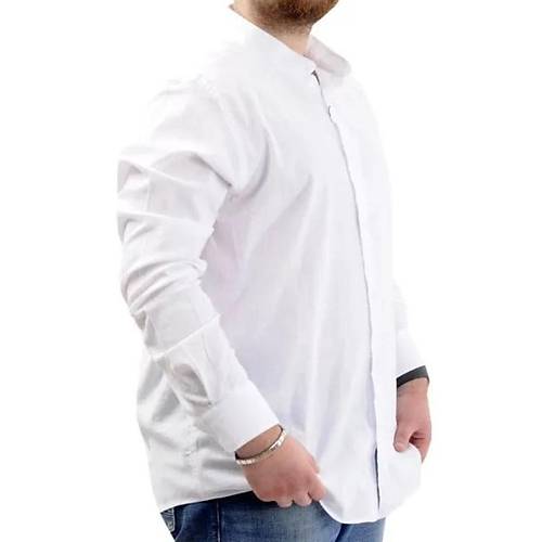 B�y�k Beden Erkek G�mlek Uzun Kol Likral� Keten G�mlek  20385 Beyaz