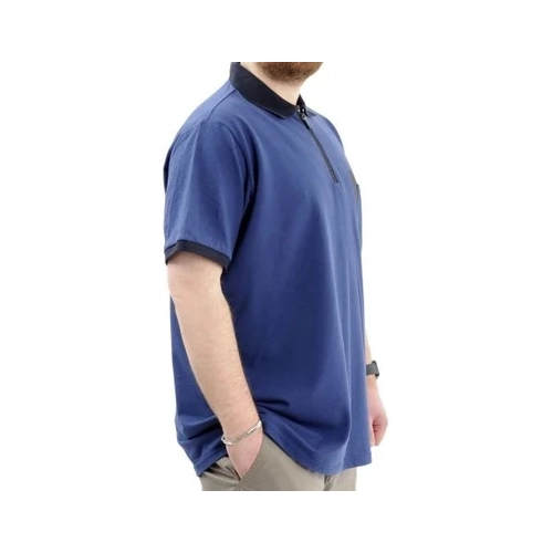B�y�k Beden Erkek T-Shirt Fermuarl� Polo Yaka Cepli 24325 