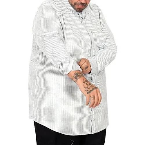 B�y�k Beden Erkek G�mlek Uzun Kol Keten Cepli Haki 20384