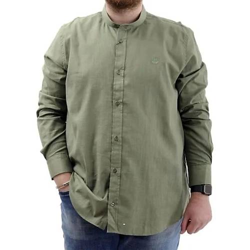 B�y�k Beden Erkek G�mlek Uzun Kol Likral� Keten G�mlek 20385 Haki