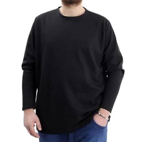 B�y�k Beden Erkek Sweatshirt Bisiklet Yaka Uzun Kol WAFFLE 23460 Siyah