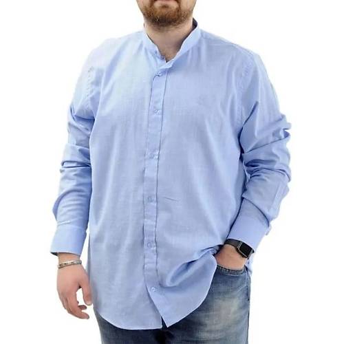 B�y�k Beden Erkek G�mlek Uzun Kol Likral� Keten G�mlek  20385 Mavi