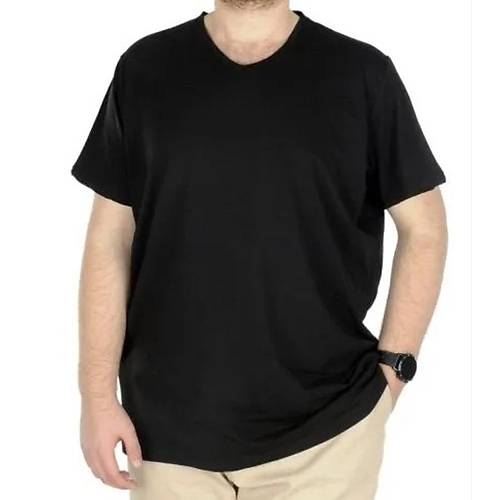 B�y�k Beden T-Shirt V Yaka Likral� 20150 Siyah