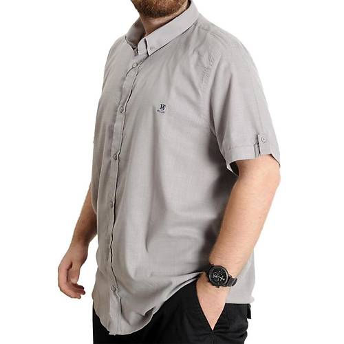 B�y�k Beden Erkek G�mlek K.Kol Keten Likral� D��meli Yaka 20393 Gri