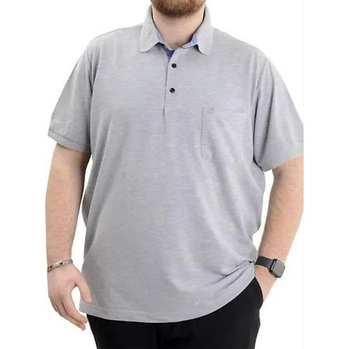 Battal Beden Erkek Tshirt Polo Yaka Cepli Klasik Pike 20552 Gri Melanj
