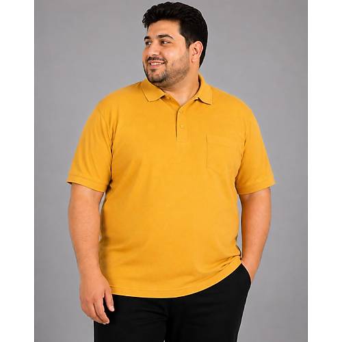 Battal Beden Erkek Tshirt Polo Yaka Cepli Klasik Pike 20552 Hardal
