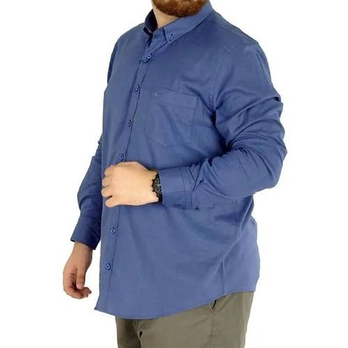 B�y�k Beden Erkek Keten Cepli G�mlek 20386 Indigo