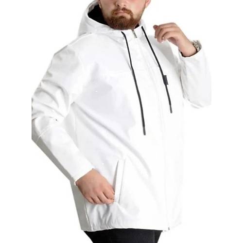 B�y�k Beden Erkek Kap��onlu Mont Waterproof Softshell 21235 Beyaz