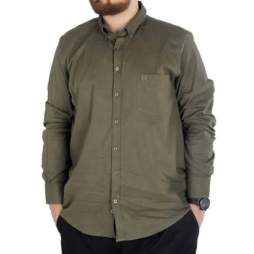 B�y�k Beden Erkek Keten Cepli G�mlek 20386 Haki