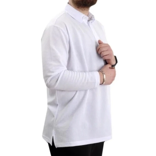 B�y�k Beden Erkek Sweatshirt Polo Yaka Uzun Kol WAFFLE 23449 Beyaz