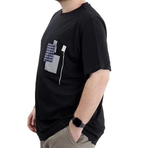 B�y�k Beden Erkek Bisiklet Yaka T-Shirt Bask�l� GARNILI U24045 Siyah