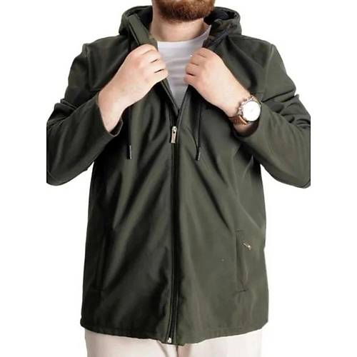 B�y�k Beden Erkek Kap��onlu Mont Waterproof Softshell 21235 Haki
