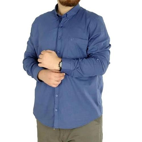 B�y�k Beden Erkek Keten Cepli G�mlek 20386 Indigo