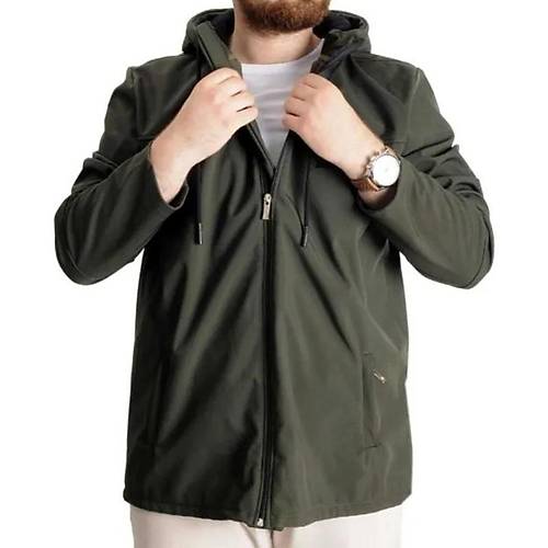 B�y�k Beden Erkek Kap��onlu Mont Waterproof Softshell 21235 Haki