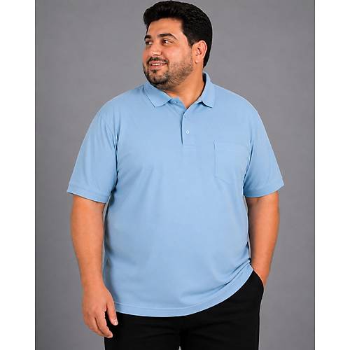 Battal Beden Erkek Tshirt Polo Yaka Cepli Klasik Pike 20552 Mavi
