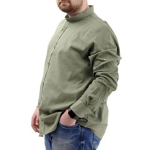 B�y�k Beden Erkek G�mlek Uzun Kol Likral� Keten G�mlek 20385 Haki