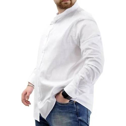 B�y�k Beden Erkek G�mlek Uzun Kol Likral� Keten G�mlek  20385 Beyaz