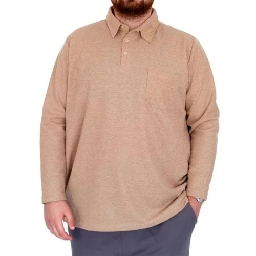 B�y�k Beden Erkek SweatshirtPolo Yaka Uzun Kol WAFFLE 23449 Bej