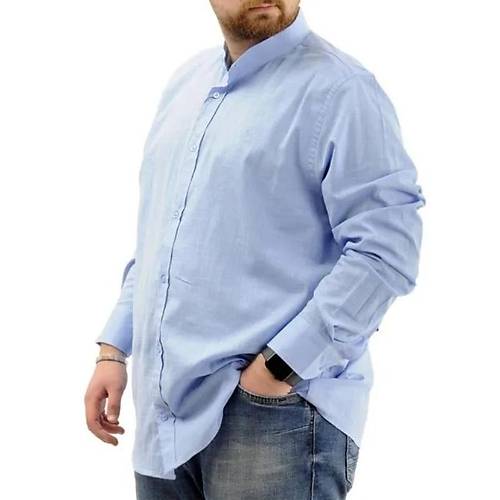 B�y�k Beden Erkek G�mlek Uzun Kol Likral� Keten G�mlek  20385 Mavi