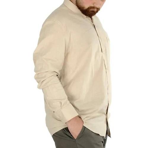 B�y�k Beden Erkek Keten Cepli G�mlek 20386 Bej