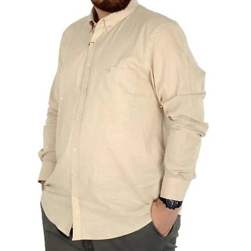 B�y�k Beden Erkek Keten Cepli G�mlek 20386 Bej