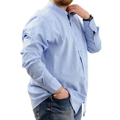 B�y�k Beden Erkek G�mlek Uzun Kol Likral� Keten G�mlek  20385 Mavi