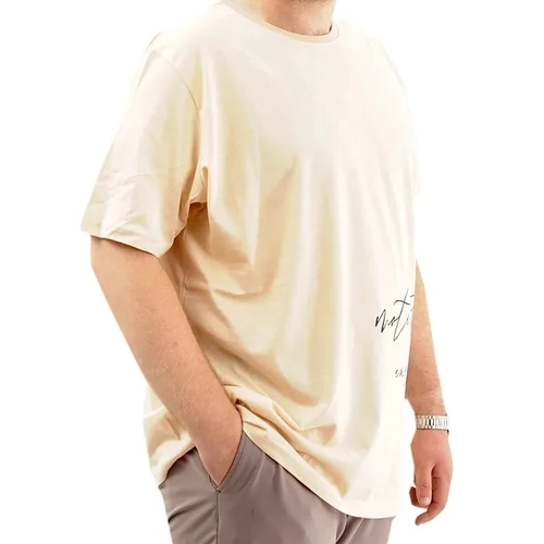 Battal Beden Erkek Pamuklu T-Shirt Yumu�ak Dokulu Bask�l� BELIEF U24085 Bej