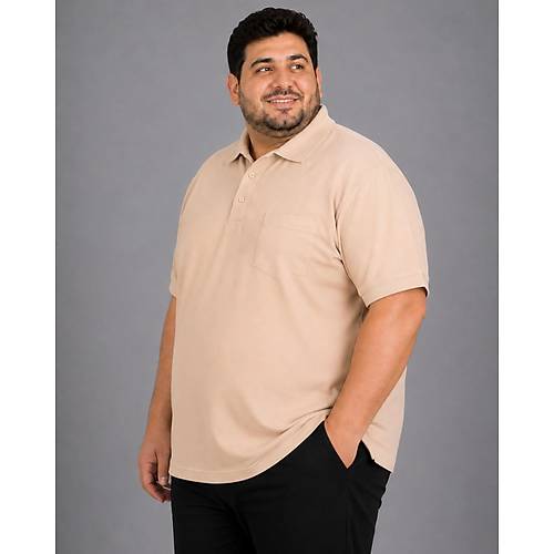 Battal Beden Erkek Tshirt Polo Yaka Cepli Klasik Pike 20552 Bej