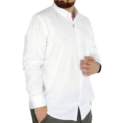 B�y�k Beden Erkek Keten Cepli G�mlek 20386 Beyaz
