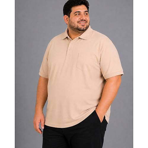 Battal Beden Erkek Tshirt Polo Yaka Cepli Klasik Pike 20552 Bej
