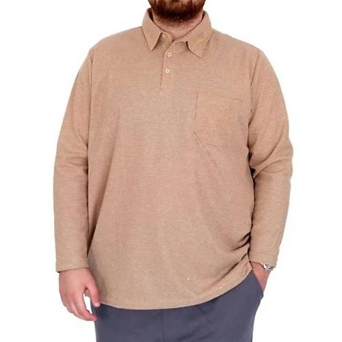 B�y�k Beden Erkek SweatshirtPolo Yaka Uzun Kol WAFFLE 23449 Bej