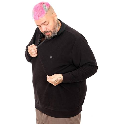 B�y�k Beden Erkek Sweat Polo Yaka Waffle Selanik Siyah 25822