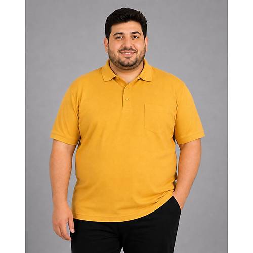 Battal Beden Erkek Tshirt Polo Yaka Cepli Klasik Pike 20552 Hardal