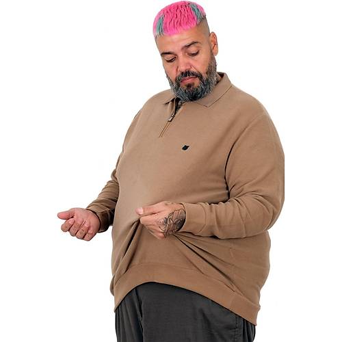 B�y�k Beden Erkek Sweat Polo Yaka Waffle Selanik S�tl� Kahve 25822