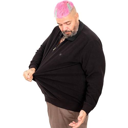 B�y�k Beden Erkek Sweat Polo Yaka Waffle Selanik Siyah 25822