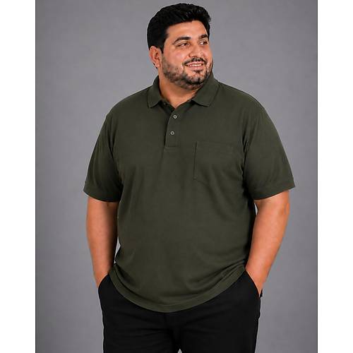 Battal Beden Erkek Tshirt Polo Yaka Cepli Klasik Pike 20552 Haki