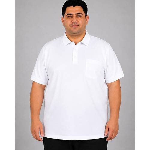 Battal Beden Erkek Tshirt Polo Yaka Cepli Klasik Pike 20552 Beyaz