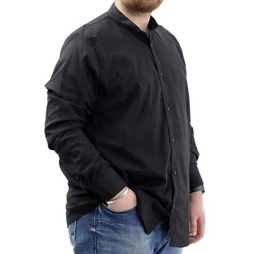 B�y�k Beden Erkek G�mlek Uzun Kol Likral� Keten G�mlek 20385 Siyah