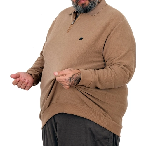 B�y�k Beden Erkek Sweat Polo Yaka Waffle Selanik S�tl� Kahve 25822