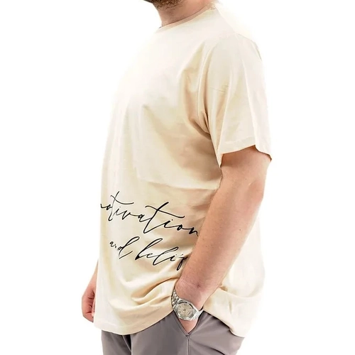 Battal Beden Erkek Pamuklu T-Shirt Yumu�ak Dokulu Bask�l� BELIEF U24085 Bej