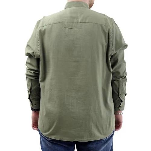 B�y�k Beden Erkek G�mlek Uzun Kol Likral� Keten G�mlek 20385 Haki