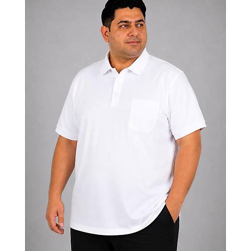 Battal Beden Erkek Tshirt Polo Yaka Cepli Klasik Pike 20552 Beyaz