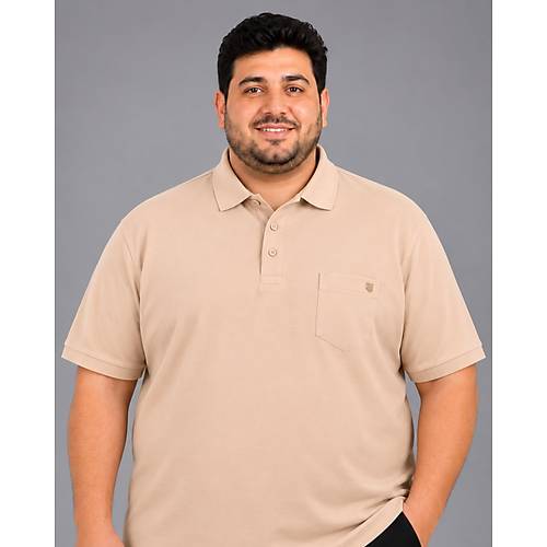 Battal Beden Erkek Tshirt Polo Yaka Cepli Klasik Pike 20552 Bej