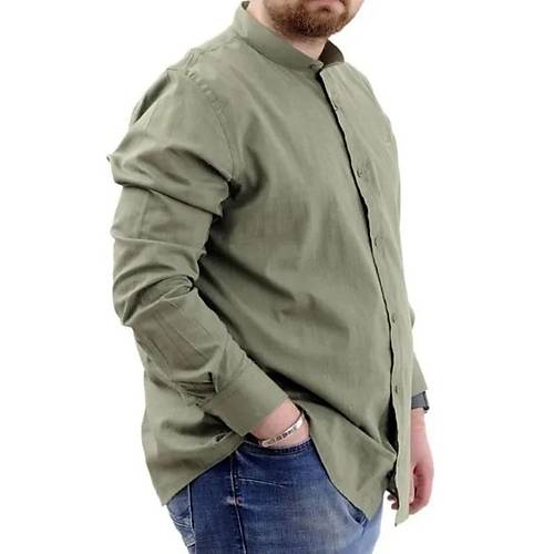 B�y�k Beden Erkek G�mlek Uzun Kol Likral� Keten G�mlek 20385 Haki