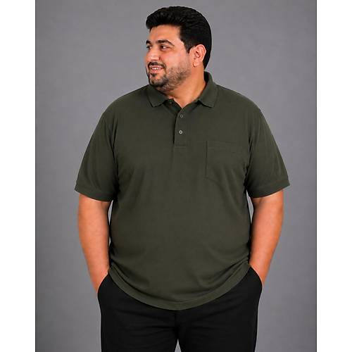 Battal Beden Erkek Tshirt Polo Yaka Cepli Klasik Pike 20552 Haki