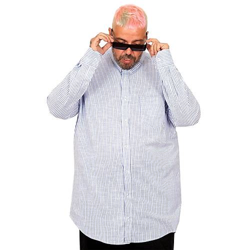 B�y�k Beden Erkek G�mlek Uzun Kol Keten Cepli Mavi 20384