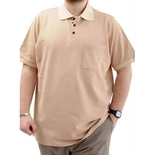 B�y�k Beden Erkek T-Shirt Polo Yaka Cepli Klasik 20550 Bej