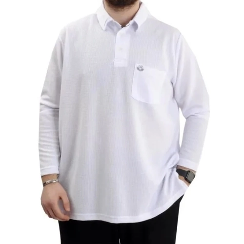 B�y�k Beden Erkek Sweatshirt Polo Yaka Uzun Kol WAFFLE 23449 Beyaz